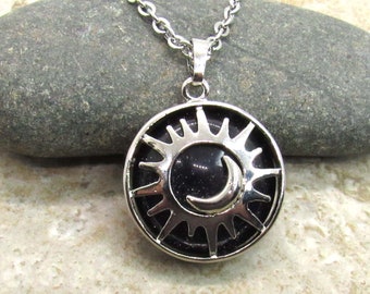 Sun & Moon with Blue Goldstone Pendant Necklace, Synthetic Blue Goldstone Pendant Necklace, Men's Necklace, Women's Necklace