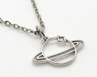 Silver Galaxy Planet Pendant, Celestial Jewelry, Saturn Planet with star Pendant, Men's Necklace, Woman's Necklace, Solar System Planet
