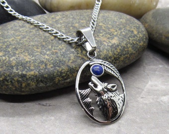 Stainless Steel Wolf with Lapis Lazuli Stone Pendant, Hypo Allergenic Jewelry, Wolf Jewelry, Men's Necklace, Men's Jewelry, Woman Necklace