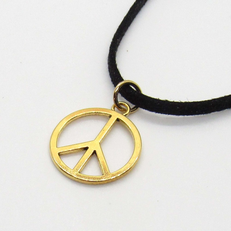 Gold Plated Peace Pendant, Peace Sign Necklace, Hippie Necklace, Peace Symbol, Peace Sign, Peace Jewelry, Men's Necklace, Women's Necklace Black Suede Cord
