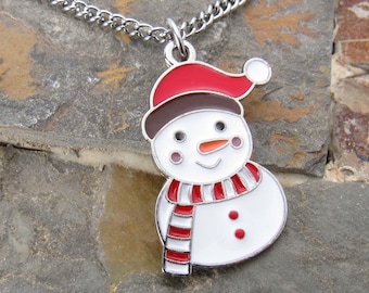 Snowman with Scarf Charm Pendant Necklace, Men's Necklace, Woman's Necklace, Holiday Charm, Enamel Colored Snowman Charm Pendant