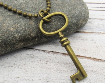 Antique Bronze Tone Key Charm, Key Pendant Necklace, Antique Bronze Key Pendant, Women's Necklace, Gift for Women, Men's Necklace