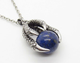 Eagle Claw Pendant with Lapis Lazuli Gemstone Bead, Antique Silver Tone, Men's Necklace, Women's Necklace, Gemstone Pendant, Tribal Jewelry