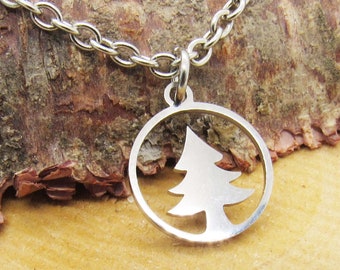 Stainless Steel Pine Tree Charm Pendant Necklace, Men's Necklace, Hypo Allergenic Jewelry, Woman's Necklace, Men's Charm Pendant Jewelry