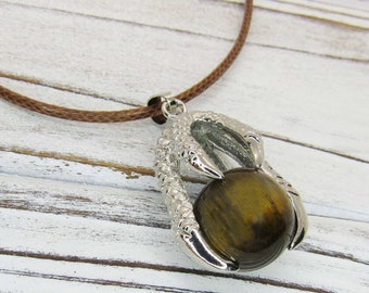Eagle Claw Pendant with Tigers Eye Gemstone, Antique Silver Tone, Men's Necklace, Women's Necklace, Gemstone Pendant, Tribal Jewelry