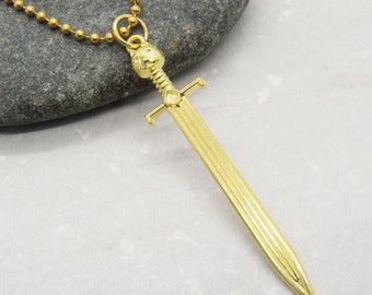 Gold Tone Medieval Long Sword Pendant Necklace, Men's Necklace, Medieval King's Sword Pendant, Men's Jewelry, Woman's Necklace