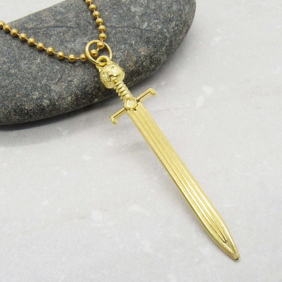 Gold Tone Medieval Long Sword Pendant Necklace Men s Necklace
