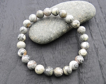 Jasper Stone 8mm Mixed Gray Beaded Bracelet, Natural Map Stone/Picasso Stone, Men's Bracelet, Women's Bracelet, Men's Jewelry, Gift for Men