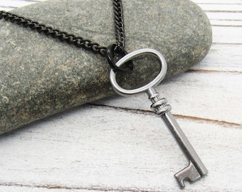 Gunmetal Black Key Charm, Key Pendant Necklace, Black Key Pendant, Men's Necklace, Women's Necklace, Gift for Women, Men's Jewelry