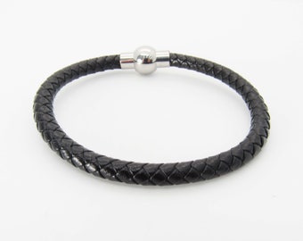 Black Braided Leather Cord Bracelet, Stainless Steel Magnetic Clasp, Men's Leather Bracelet, Women's Bracelet,