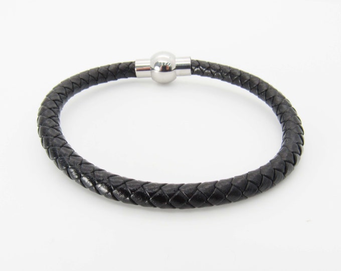Featured listing image: Black Braided Leather Cord Bracelet, Stainless Steel Magnetic Clasp, Men's Leather Bracelet, Women's Bracelet,