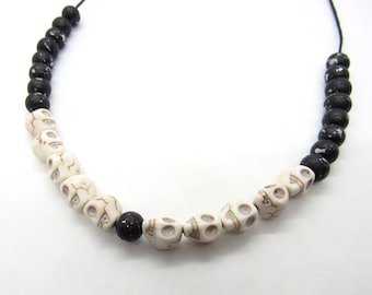 Howlite Skull Beads Necklace, Black Wood Beads Necklace, Halloween Necklace, Men's Necklace, Women's Necklace, Halloween Costume Jewelry