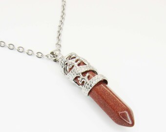 Synthetic Goldstone Pendant Necklace, Stainless Steel Dragon Wrap Detail, Men's Necklace, Goldstone Gemstone Pendant, Woman's Necklace