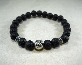 Lava Stone 8mm Beaded Bracelet with Antique Silver Filler Beads, Elastic Cord, Men's Bracelet, Women's Bracelet