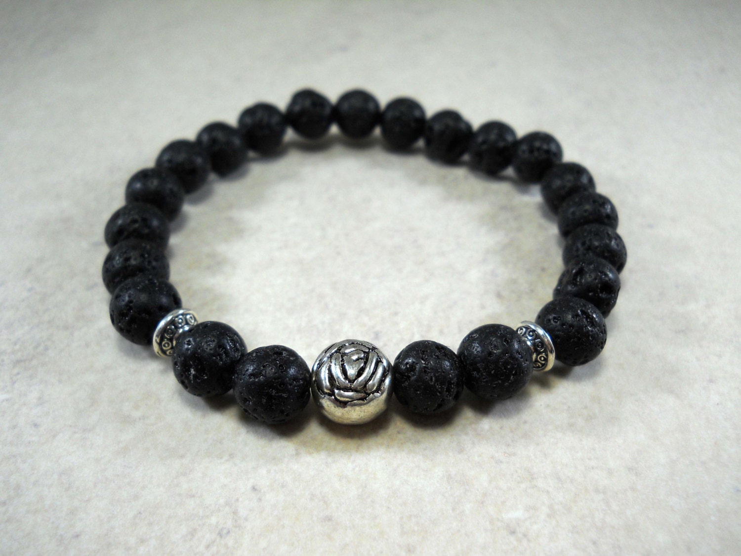 Bone Bead and Lava Rock Bracelet Stretch / Large (8 Inches)