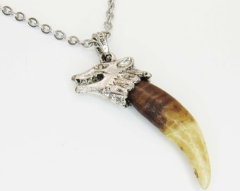 Wolf Head Canine Tooth Pendant Necklace, Natural Color Wolf Tooth Pendant, Wolf Tooth Tribal Necklace, Men's Necklace, Women's Necklace