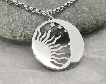 Stainless Steel Sun Moon Pendant, Men's Necklace, Hypo Allergenic Jewelry, Men's Jewelry, Woman Necklace, Celestial Stainless Steel Jewelry