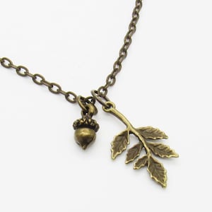 Antique Bronze Leaf Branch Acorn Pendant, Autumn Leaf Necklace, Men&#39;s Necklace, Women&#39;s Necklace, Nature Leaf Necklace, Seasonal Jewelry