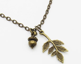 Antique Bronze Leaf Branch Acorn Pendant, Autumn Leaf Necklace, Men's Necklace, Women's Necklace, Nature Leaf Necklace, Seasonal Jewelry