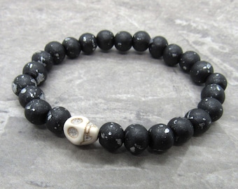 Halloween Bracelet, Wood Beads Bracelet, Skull Bead Bracelet, Men's Bracelet, Women's Bracelet, Halloween Costume Jewelry, Stretch Bracelet