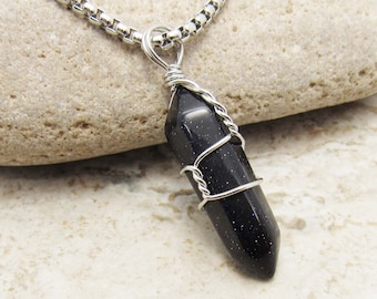 Blue Goldstone Gemstone Pendant Necklace, Blue Goldstone wire wrapped Gemstone Pendant, Healing Gemstone, Woman's Necklace, Men's Necklace