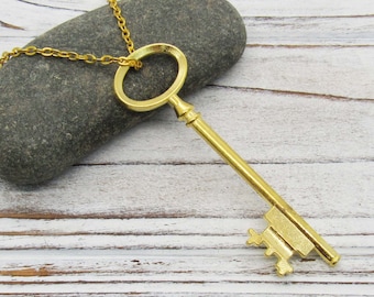 Old Fashioned Key Pendant, Gold Tone Large Stainless Steel Key Pendant Necklace, Men's Necklace, Women's Necklace, Men's Jewelry