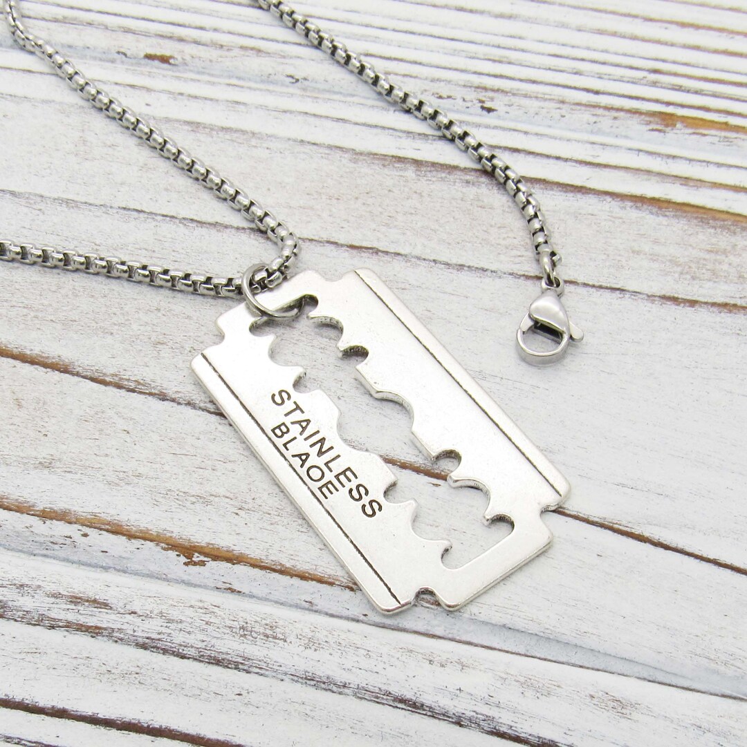 Antique Silver Razor Blade Pendant Necklace, Punk Necklace, Urban