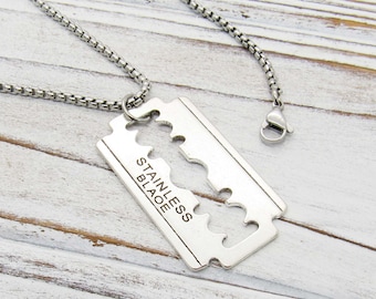 Antique Silver Razor Blade Pendant Necklace, Punk Necklace, Urban Street Style Jewelry, Necklace for Men, Men's Necklace, Women's Necklace