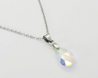 Stainless Steel Glass Crystal Drop Pendant, Stainless Steel Chain with Extension, Women's Necklace, Clear Crystal Faceted Drop Pendant