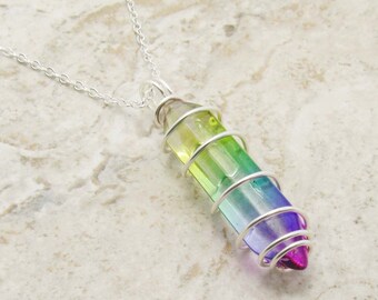 Rainbow Glass Bullet Cut Pendant Necklace, Wire Wrapped Glass Crystal Pendant, Men's Necklace, Women's Necklace, Rainbow Colors Pendant