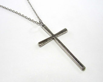 Antique Silver Tone Large Cross Pendant, Slim Design Cross Pendant, Spiritual Jewelry, Men's Necklace, Women's Necklace