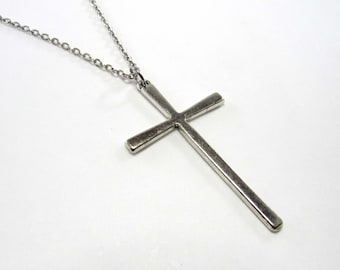 Antique Silver Tone Large Cross Pendant, Slim Design Cross Pendant, Spiritual Jewelry, Men's Necklace, Women's Necklace