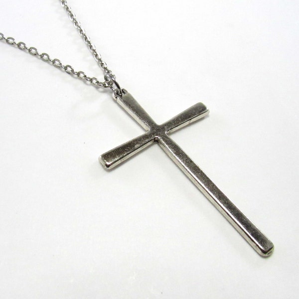 Antique Silver Tone Large Cross Pendant, Slim Design Cross Pendant, Spiritual Jewelry, Men's Necklace, Women's Necklace