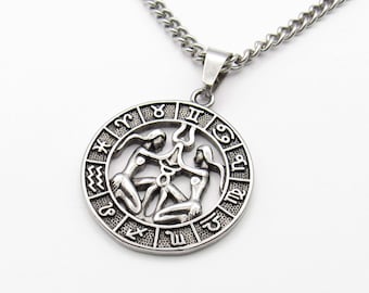 Gemini Zodiac Sign Pendant Necklace, Men's Necklace, Astrological Pendant, Men's Jewelry, Stainless Steel Jewelry, Woman's Necklace