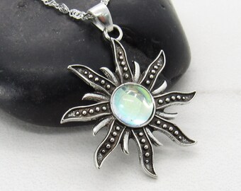 Boho Sun Burst with Moon Stone Pendant, Alloy Chain with Extension, Women's Necklace, Gift for Women, Antique Silver Color Sun Burst Charm