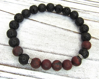 Black Lava Rock Beads Bracelet, Frosted Jasper 8mm Beads Bracelet, Silver Spacer Beads, Men's Bracelet, Woman's Bracelet, Men's Jewelry