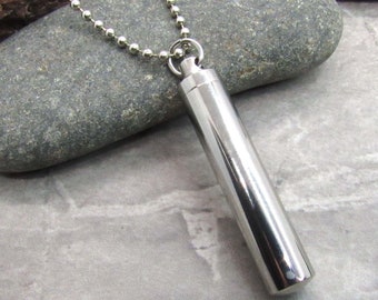 Large Column Cremation Urn Locket, Stainless Steel Locket with screw lid, Men's Necklace, Pill Locket Necklace, Women's Necklace