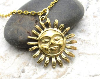 Gold Plated Sun Burst Pendant, Stainless Steel Sun Face Pendant, Hypo Allergenic Jewelry, Men's Necklace, Men's Jewelry, Woman's Necklace