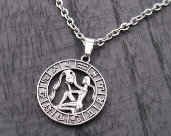 Aquarius Zodiac Sign Pendant Necklace, Men's Necklace, Astrological Pendant, Men's Jewelry, Stainless Steel Jewelry, Woman's Necklace