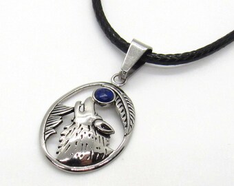Stainless Steel Wolf with Lapis Lazuli Stone Pendant, Hypo Allergenic Jewelry, Corded Necklace, Wolf Jewelry, Men's Necklace, Men's Jewelry