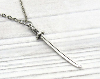 Silver Tone Katana Sword Pendant Necklace, Men's Necklace, Samurai Sword Charm, Japanese Sword Pendant, Woman's Necklace