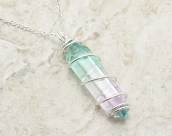 Glass Bullet Cut Rainbow Pendant Necklace, Wire Wrapped Glass Crystal Pendant, Men's Necklace, Women's Necklace, Rainbow Colors Pendant