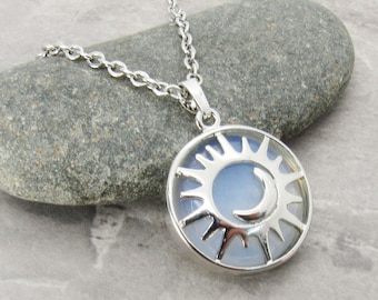 Sun & Moon with Opal Gemstone Pendant Necklace, Women's Opal Gemstone Pendant Necklace, Men's Necklace, Women's Celestial Jewelry