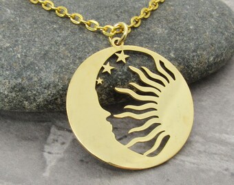 Gold Stainless Steel Sun Moon Celestial Pendant, Hypo Allergenic Jewelry, Men's Necklace, Men's Jewelry, Woman Necklace
