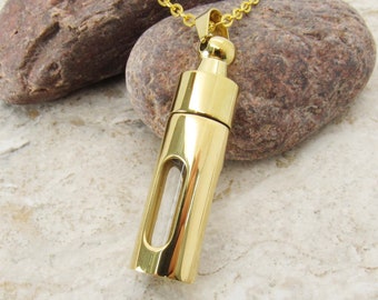 Large Column Locket Glass Window Pendant, Men's Necklace, Pill Locket Necklace, Stainless Steel Cremation Urn Screw Lid, Women's Necklace