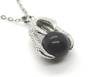 Eagle Claw Pendant with Black Agate Gemstone Bead Necklace, Men's Necklace, Women's Necklace, Black Onyx Gemstone Pendant, Tribal Jewelry