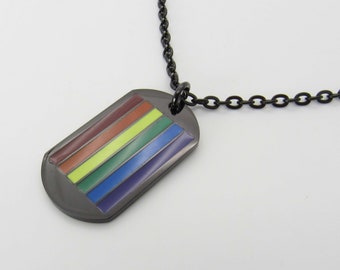 Rainbow Gun Metal Stainless Steel Dog Tags Pendant Necklace, Pride Jewelry, Hypo Allergenic Jewelry, Men's Jewelry, Woman Necklace, LGBTQ