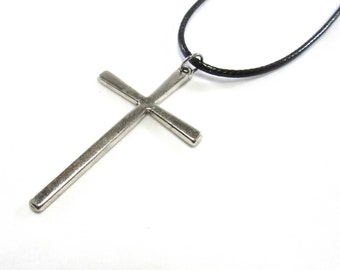Large Antique Silver Tone Cross Pendant, Men's Necklace, Women's Necklace, Black/Brown Faux Leather Cord, Black/Brown Suede Leather Cord
