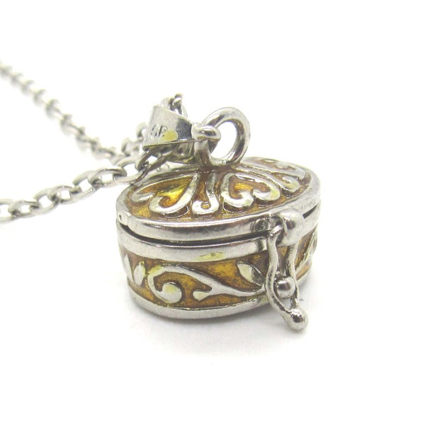 Oval Wish Box with Hinged Lid Necklace, Silver Tone Gold Enamel Pill Box Necklace, Oval Locket Necklace, Gift for Women, Women's Necklace