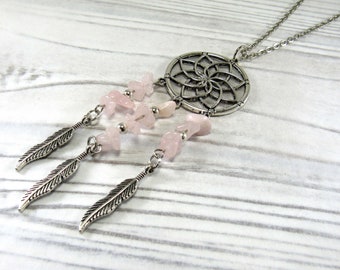 Dream Catcher Pendant, Pink Stone Beads, Antique Silver Feathers, Native American Pendant, Southwest Necklace, Boho Jewelry, Men's Necklace